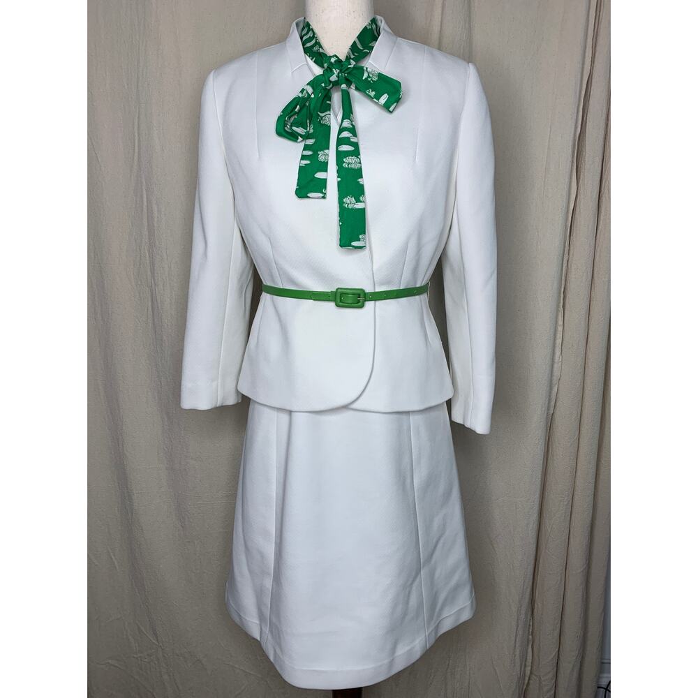 1960s White Green Floral St Patricks Day Jackie Kennedy Mod Jacket Dress Set L
